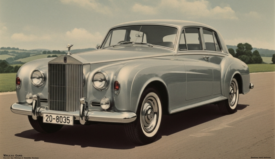Vintage silver Rolls-Royce car on a road with a scenic background