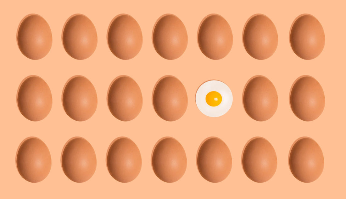 Eggs with a single egg featuring a yellow yolk on an orange background